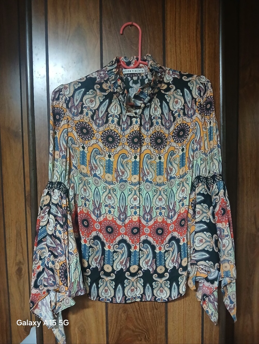 Alice + Olivia Multicolor Paisley Button-Up Blouse in Black, Red, Gold, Teal